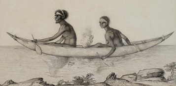 A man and woman in a bark canoe by Nicolas-Martin Petit. Courtesy Museum d'histoire naturelle, Le Havre.