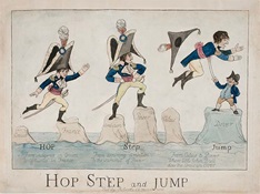 'Hop Step and Jump', the English character John Bull demonstrates how to deal with Napoleon's ambitions. Engraving by Piercy Roberts, 1804. ANMM Collection. 