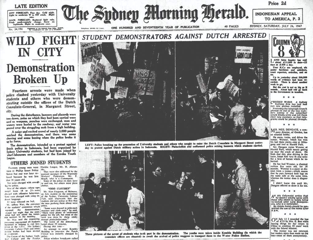 By mid-1947 Indonesia’s struggle for independence and its support in Australia were making front page news. Sydney Morning Herald 26 July 1947. State Library of New South Wales